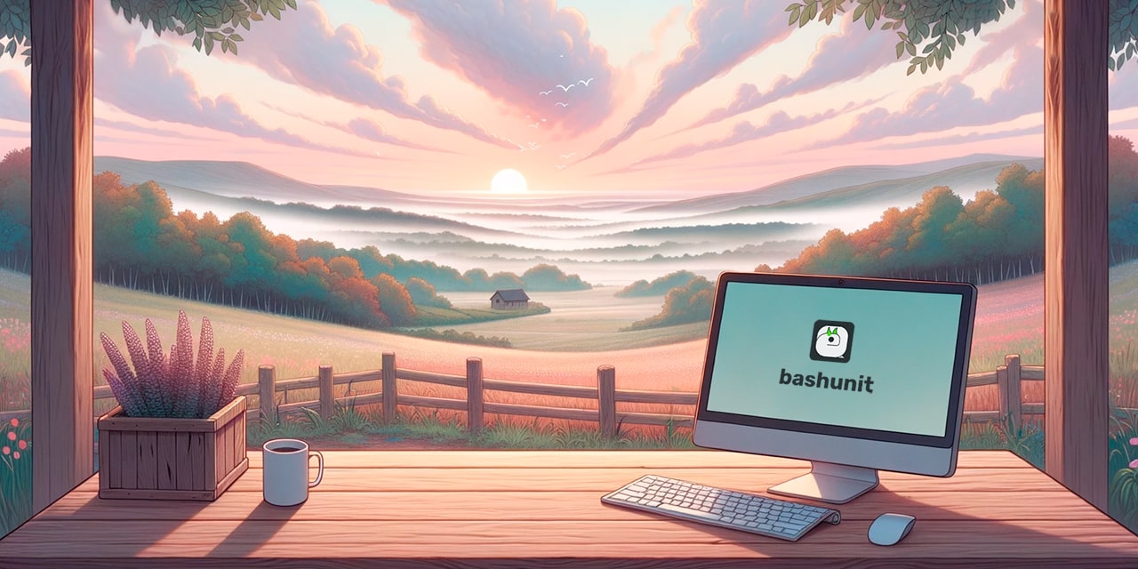 Illustration of a quiet morning landscape with subtle pastel colors in the sky. A computer rests on a wooden table in the foreground, displaying the brightly illuminated bashunit logo on its screen.