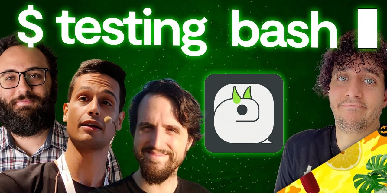 Promotional Poster for the Live Broadcast featuring "$ testing bash" written at the top. Below, from left to right, are Antonio, Manu, and Chema (contributors of bashunit), the bashunit logo, and Rafa (host of CodelyTV).